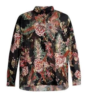 The Kooples Silk Bollywood Black Gold Metallic Floral Print Sheer Blouse small